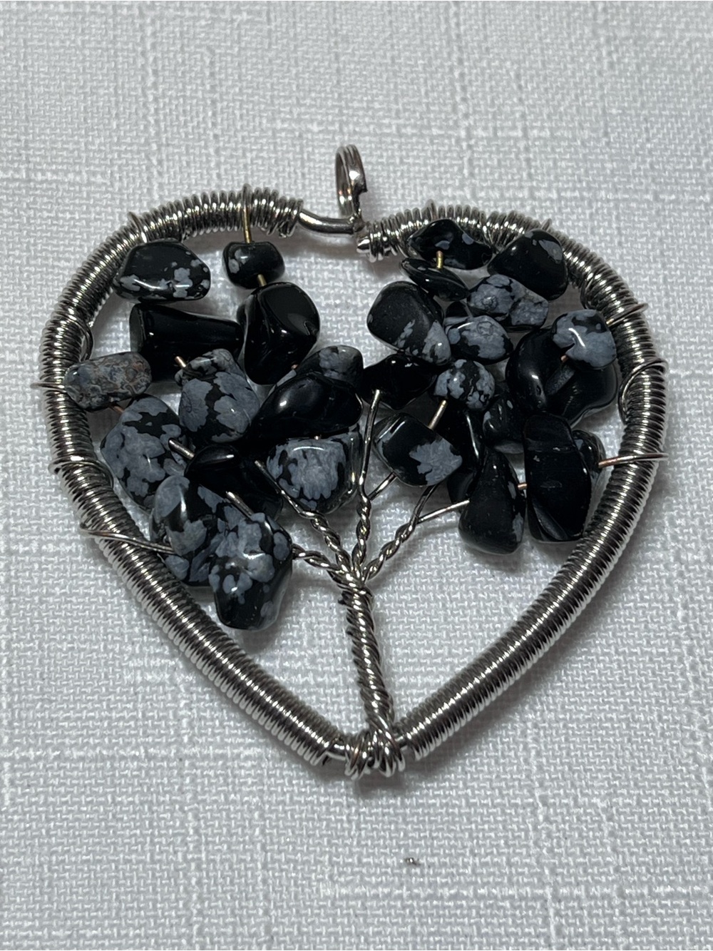 Handcrafted Silver-Tone Tree of Life Pendant with Black Snowflake Obsidian beads